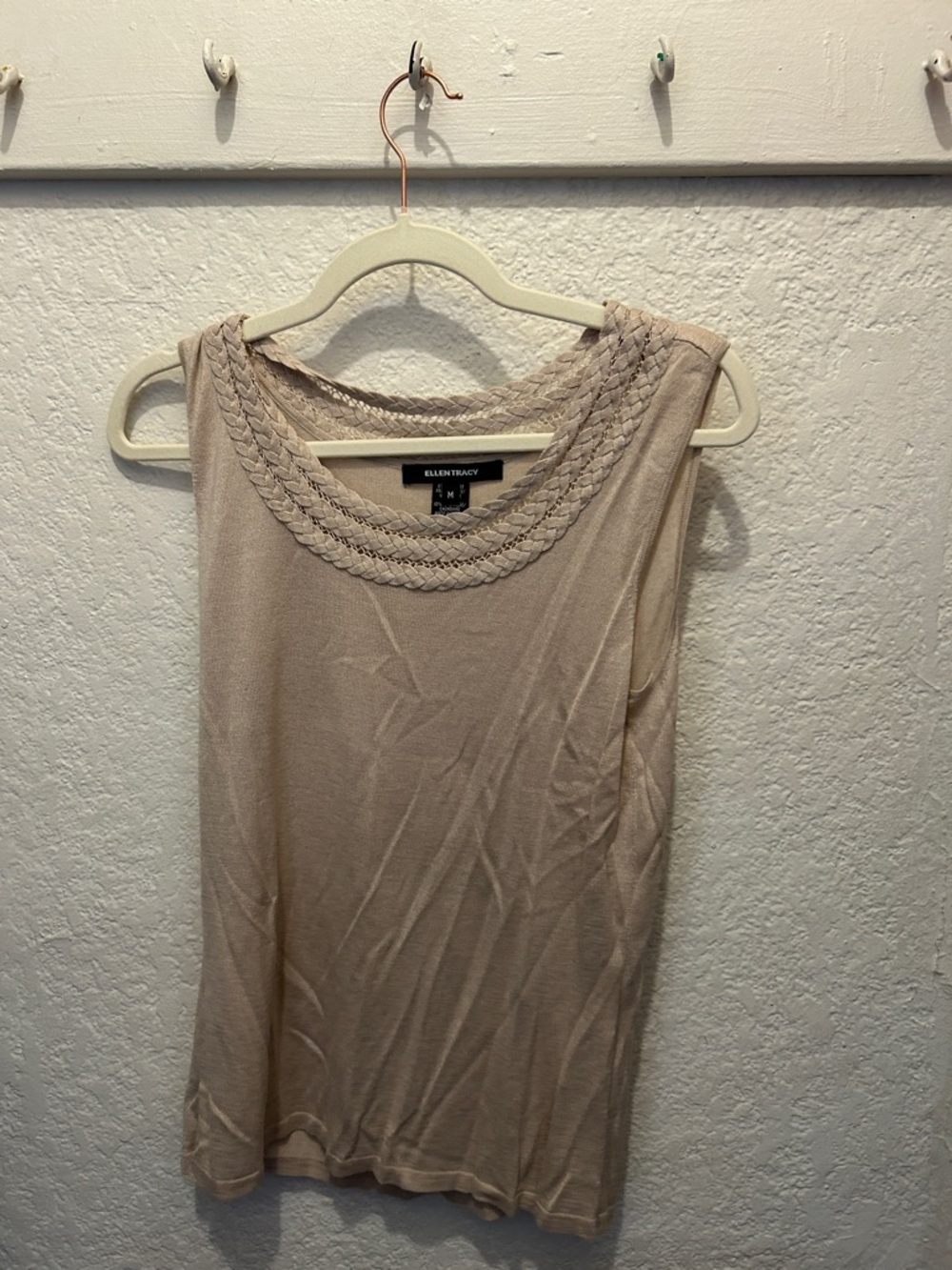 Ellen Tracy Braided Neckline Sleeveless Camisole in Beige